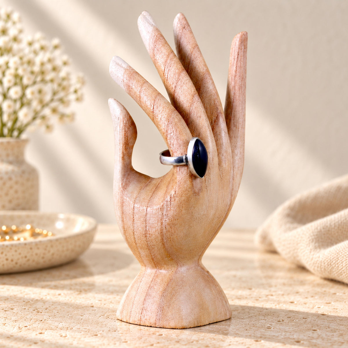 Natural Hand-Carved Wooden Ring Holder, 15 cm (5.9 in)