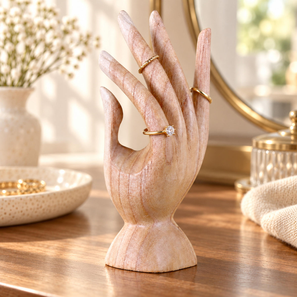 Natural Hand-Carved Wooden Ring Holder, 15 cm (5.9 in)