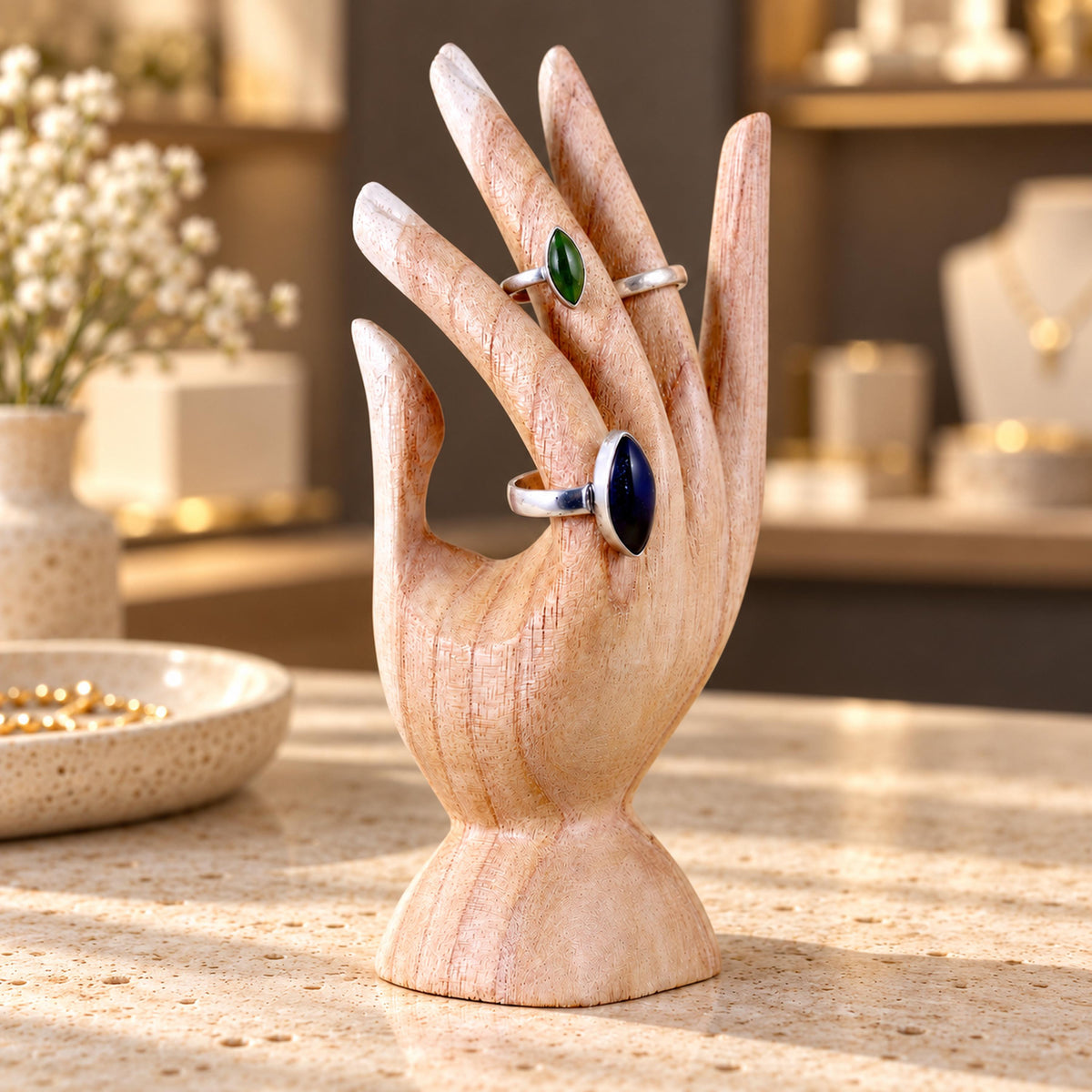 Natural Hand-Carved Wooden Ring Holder, 15 cm (5.9 in)