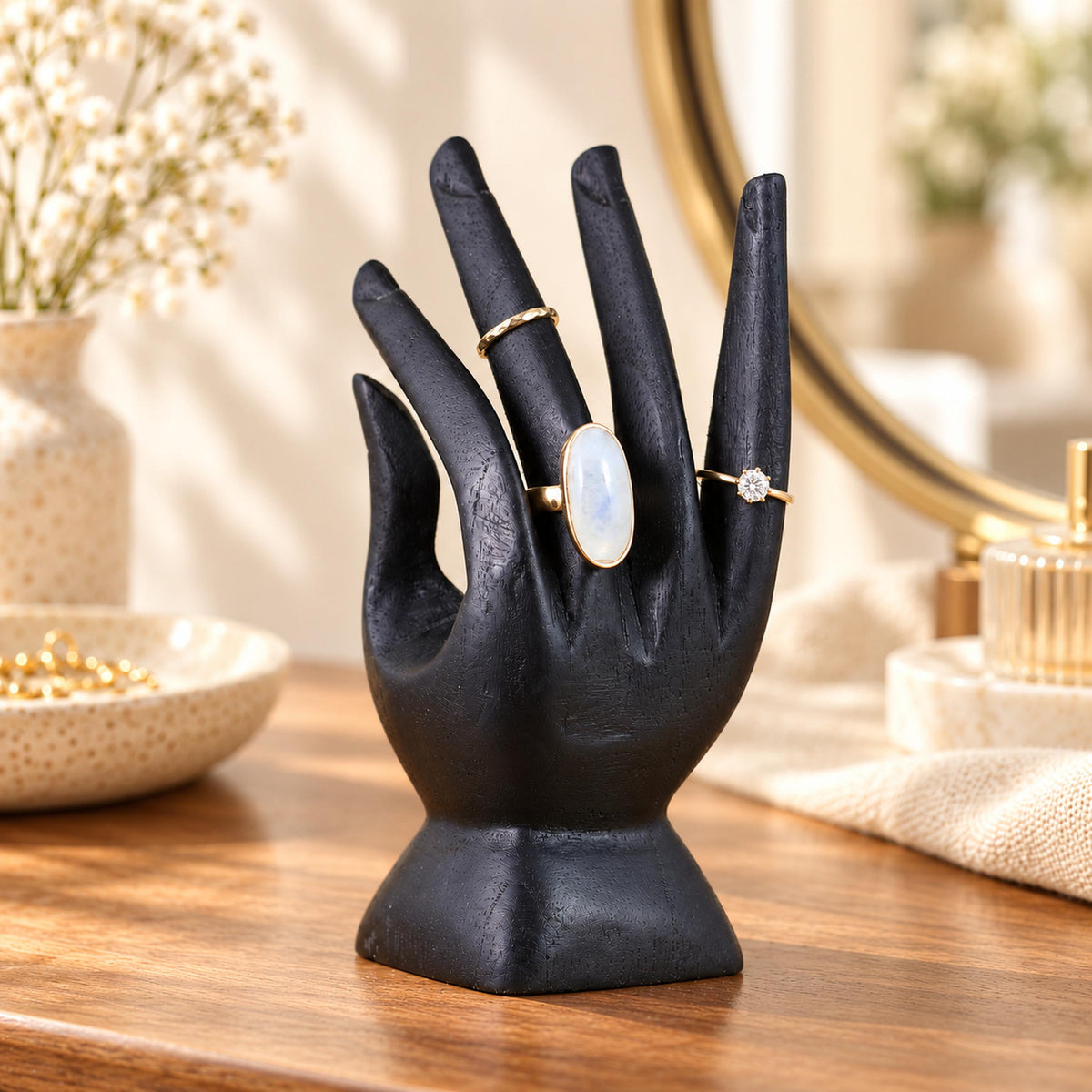 Black Hand-Carved Wooden Ring Holder, 15 cm (5.9 in)