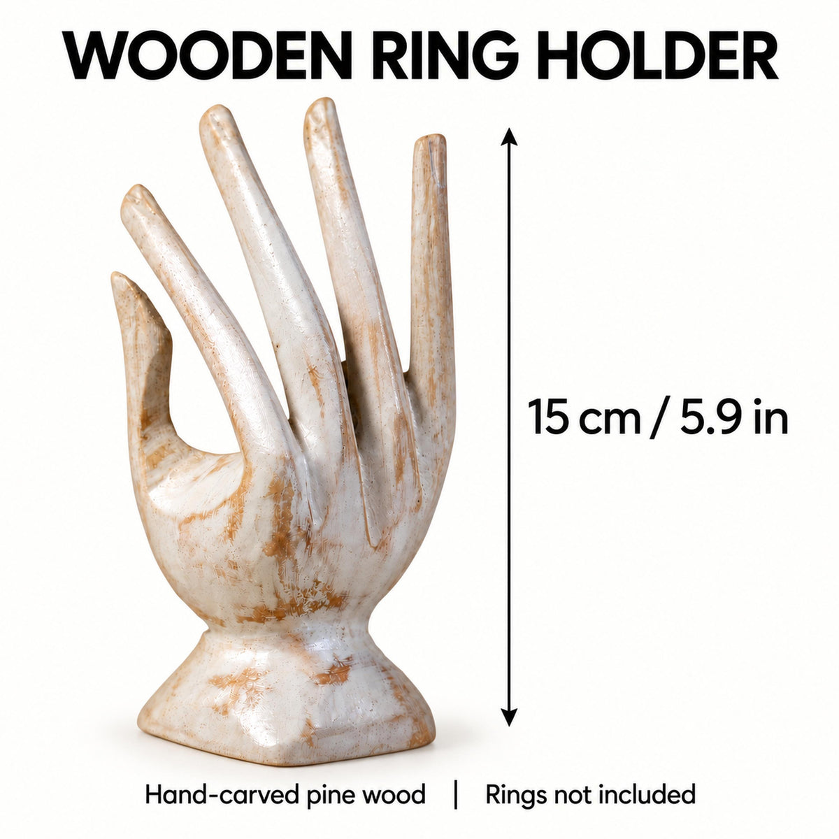 Whitewash Hand-Carved Wooden Ring Holder, 15 cm (5.9 in)