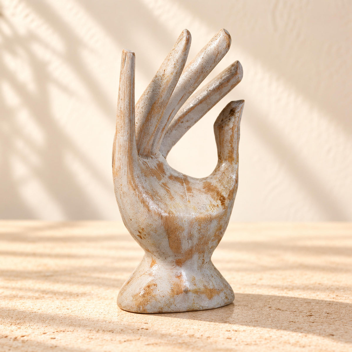 Whitewash Hand-Carved Wooden Ring Holder, 15 cm (5.9 in)
