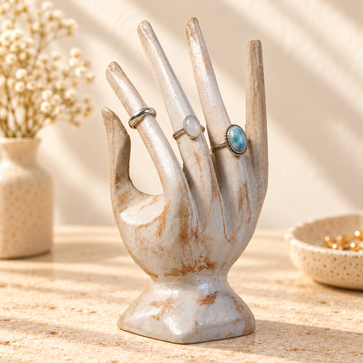 Whitewash Hand-Carved Wooden Ring Holder, 15 cm (5.9 in)