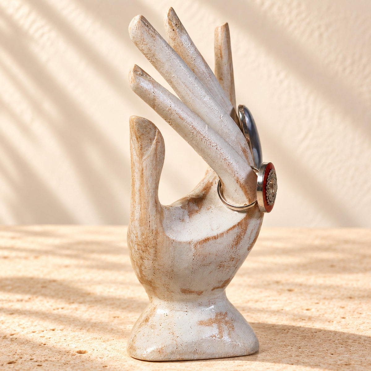 Whitewash Hand-Carved Wooden Ring Holder, 15 cm (5.9 in)