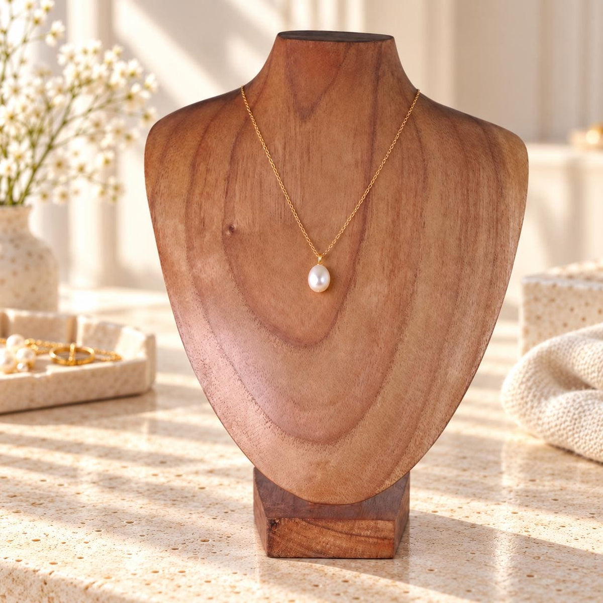Natural Wooden Necklace Display Bust, 9.8 in, Jewelry Stand with Base