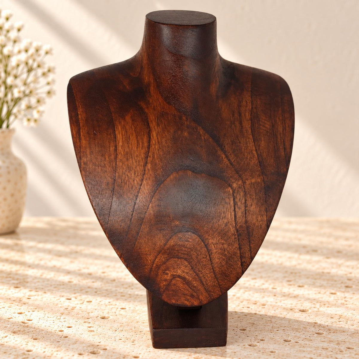 Dark Brown Wooden Necklace Display Bust, 9.8 in, Jewelry Stand with Base