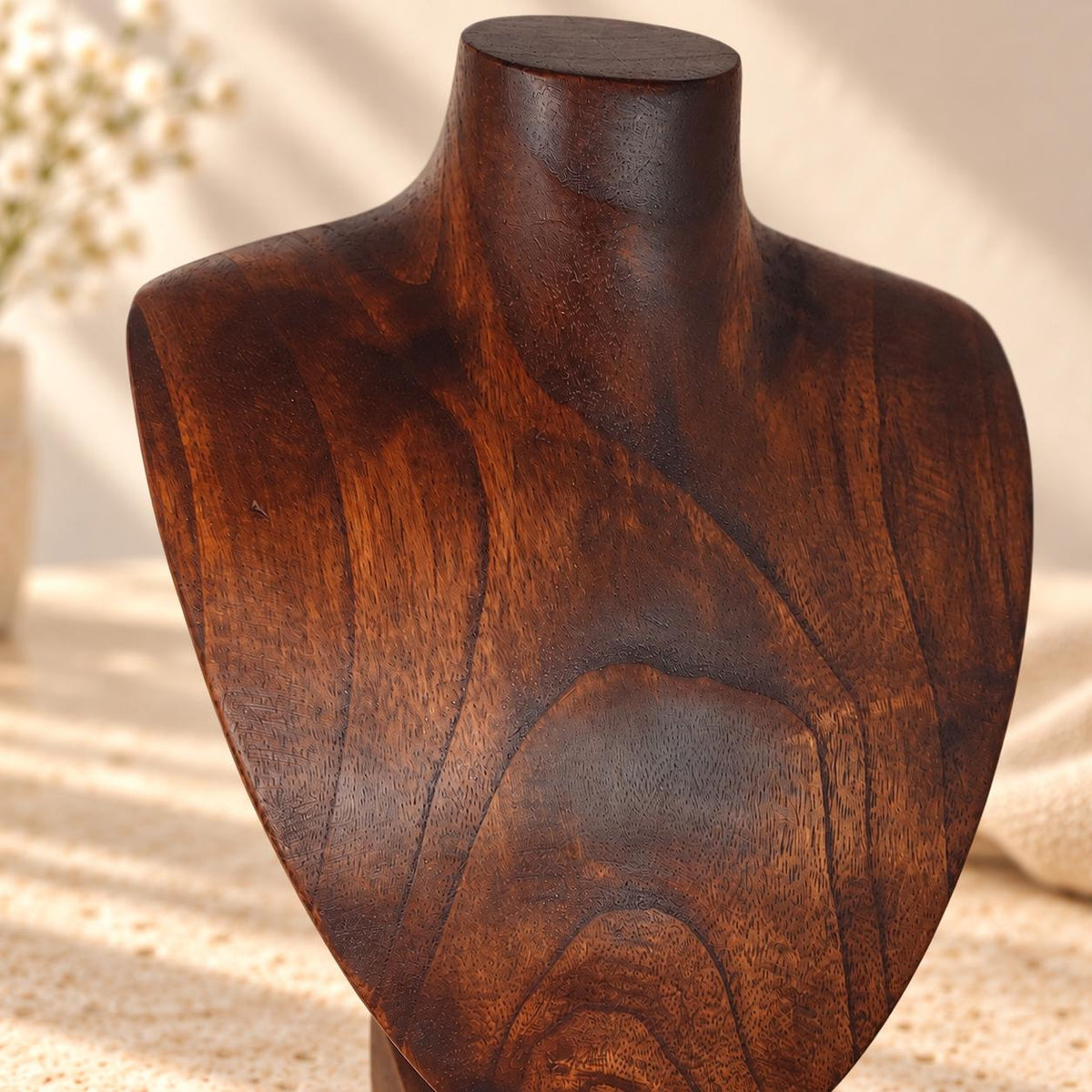 Dark Brown Wooden Necklace Display Bust, 9.8 in, Jewelry Stand with Base