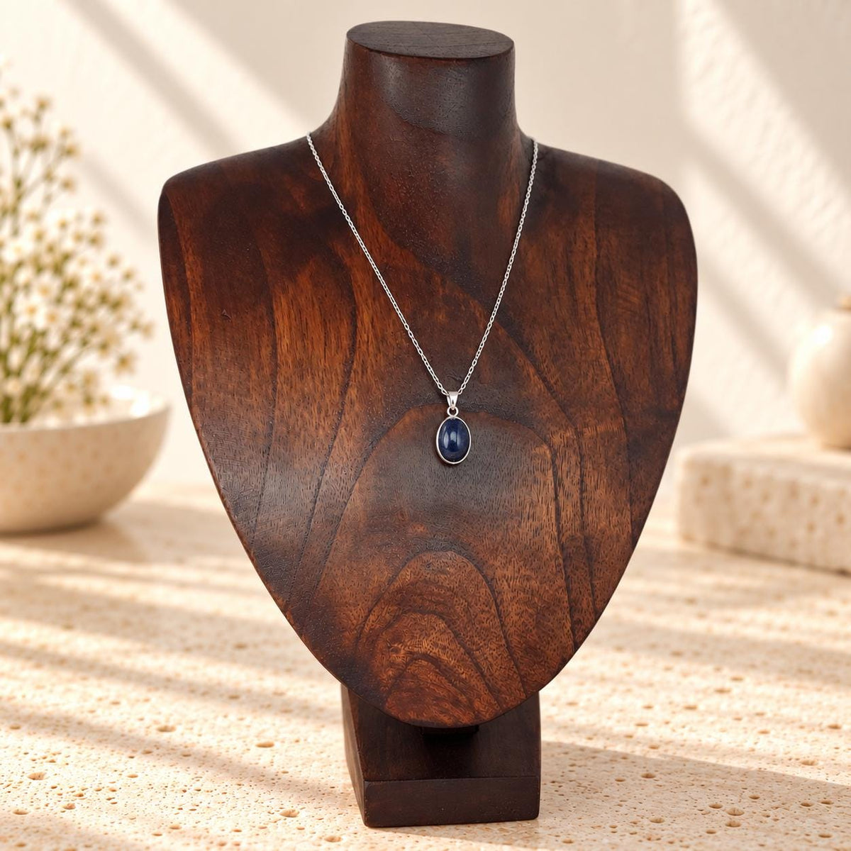 Dark Brown Wooden Necklace Display Bust, 9.8 in, Jewelry Stand with Base