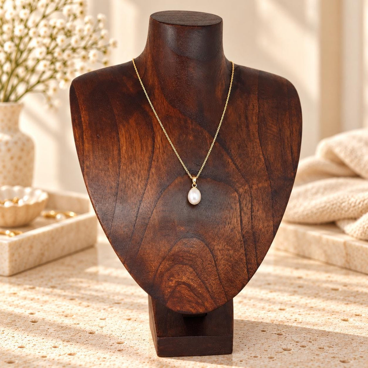 Dark Brown Wooden Necklace Display Bust, 9.8 in, Jewelry Stand with Base
