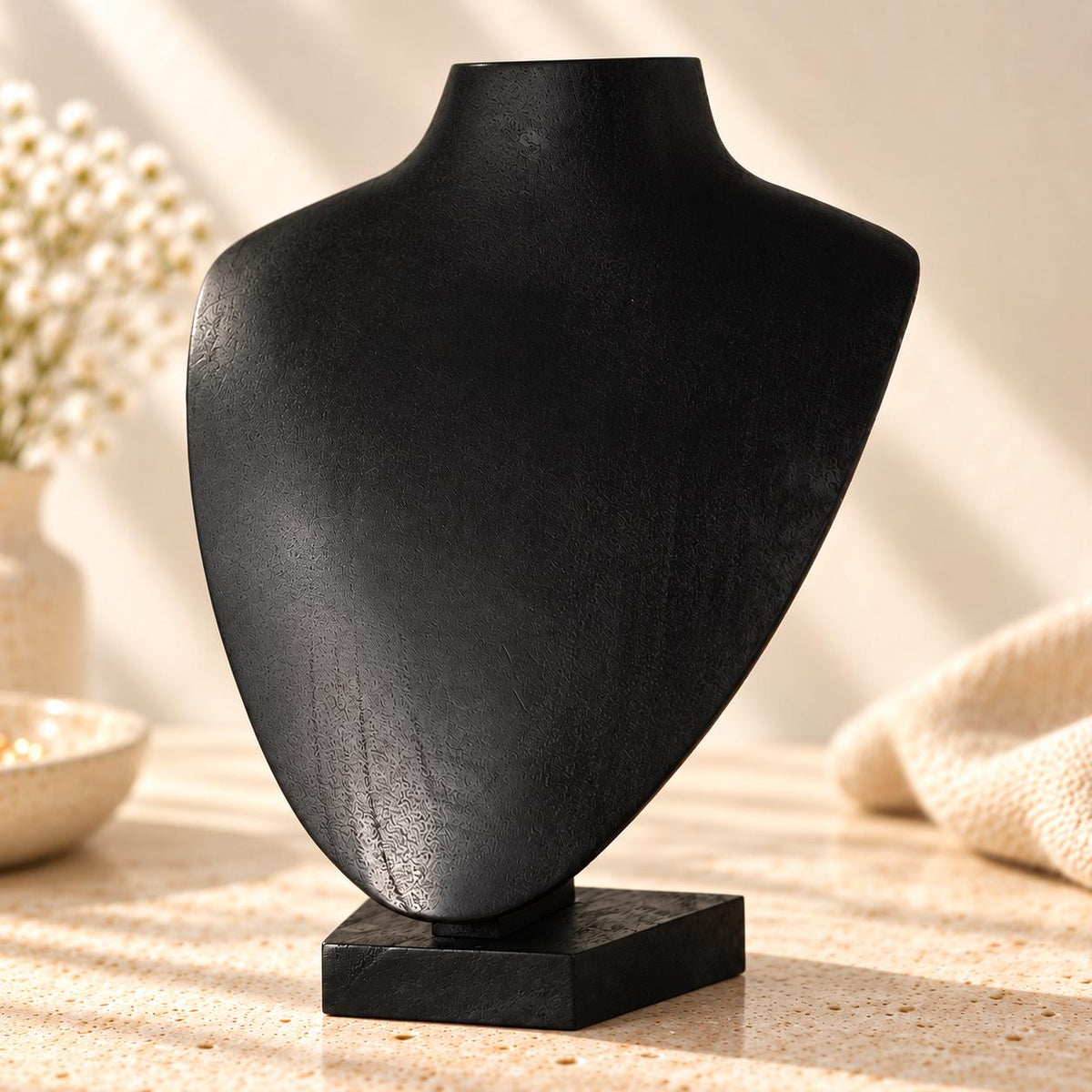 Black Wooden Necklace Display Bust, 9.8 in, Jewelry Stand with Base