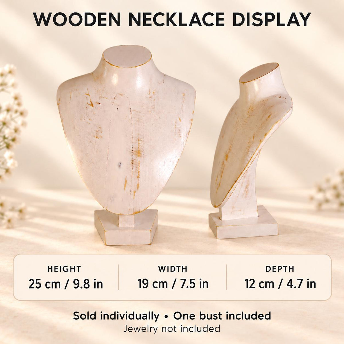 Whitewash Wooden Necklace Display Bust, 9.8 in, Jewelry Stand with Base