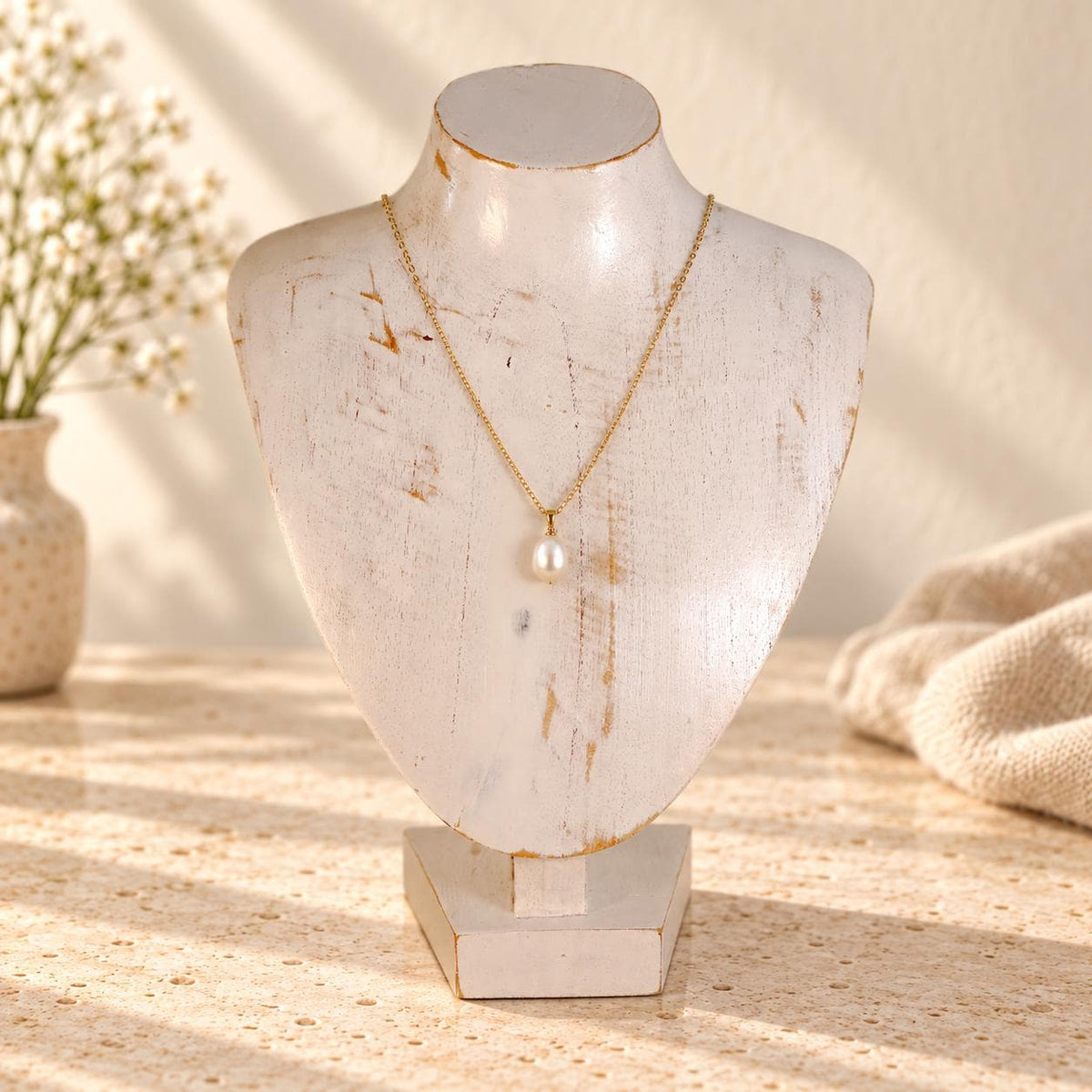 Whitewash Wooden Necklace Display Bust, 9.8 in, Jewelry Stand with Base