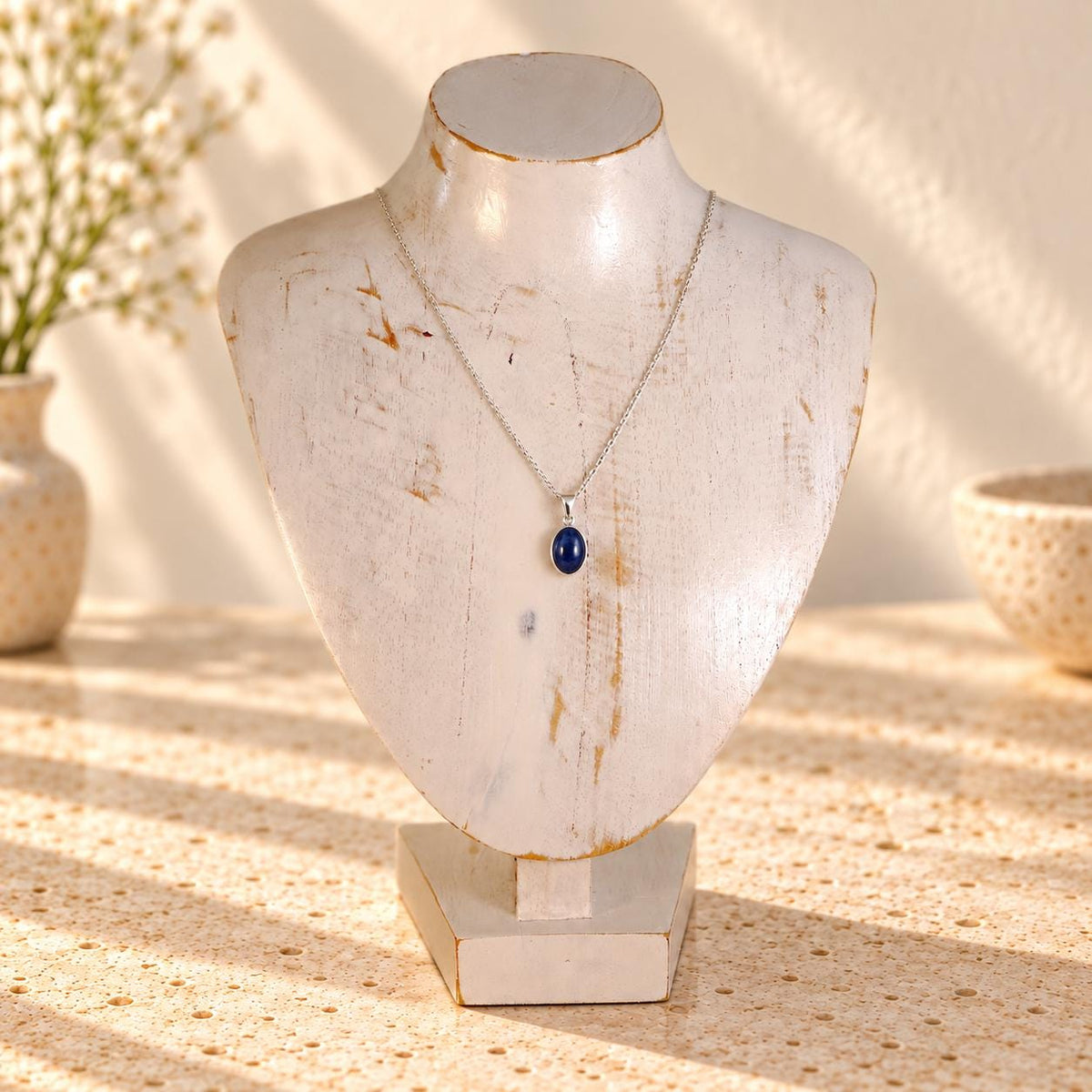 Whitewash Wooden Necklace Display Bust, 9.8 in, Jewelry Stand with Base