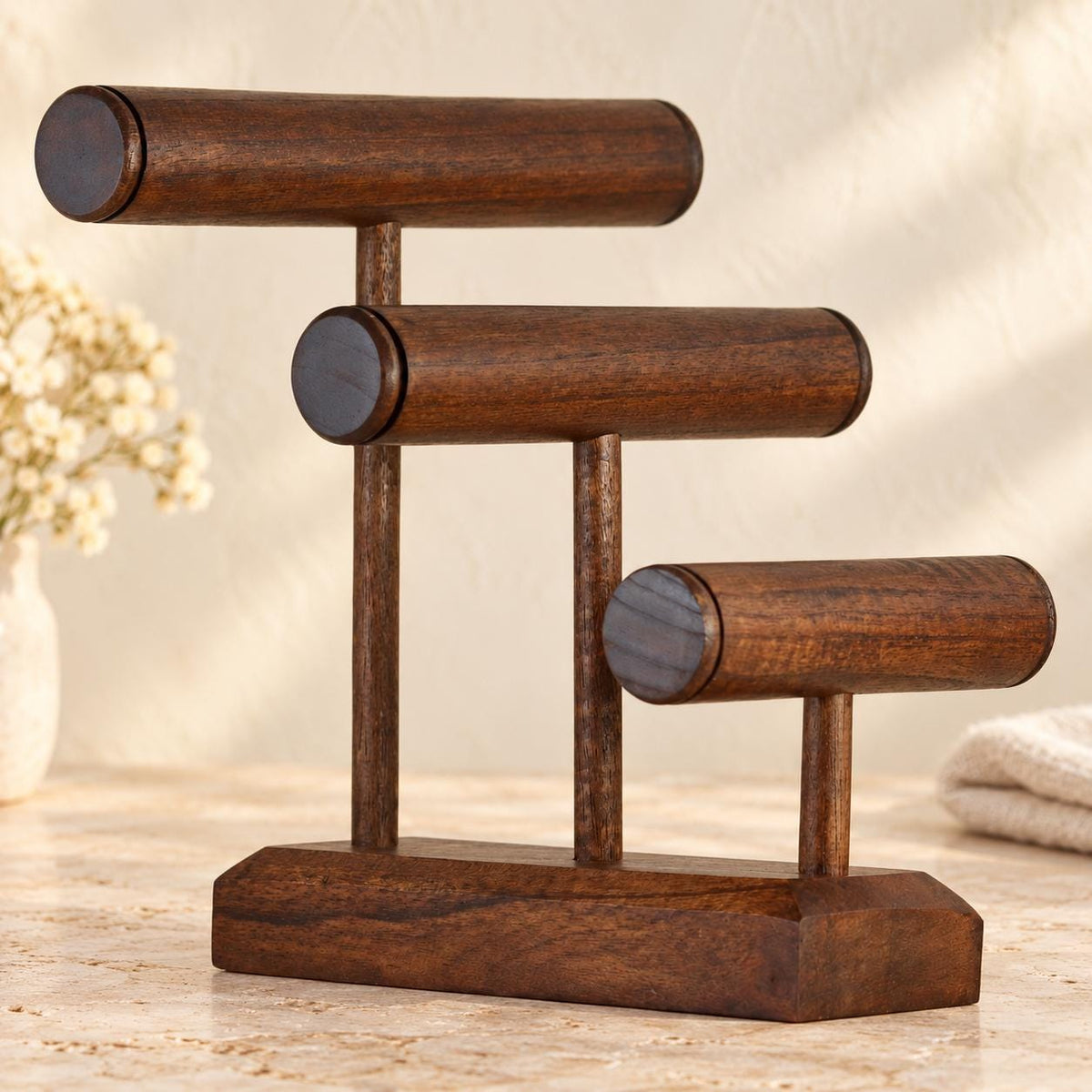 Dark Brown Wooden Bracelet Stand, Three-Tier Bangle Display, 30 cm (11.8 in)