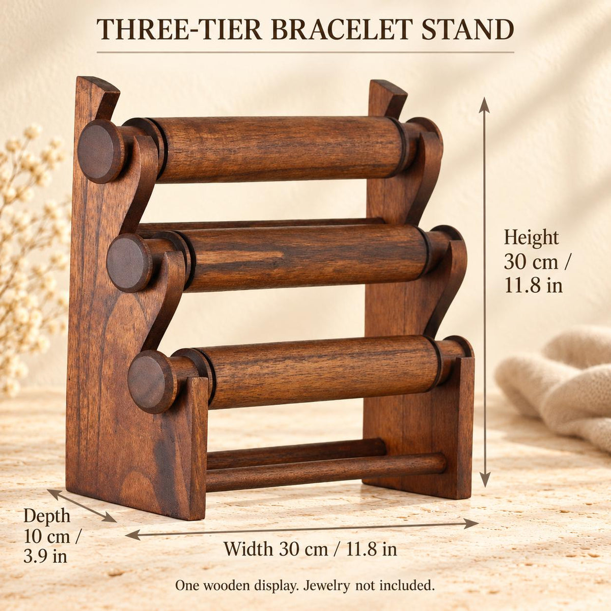 Dark Brown Wooden Bracelet Stand, Three-Tier Bangle Display with Side Panels, 30 cm (11.8 in)