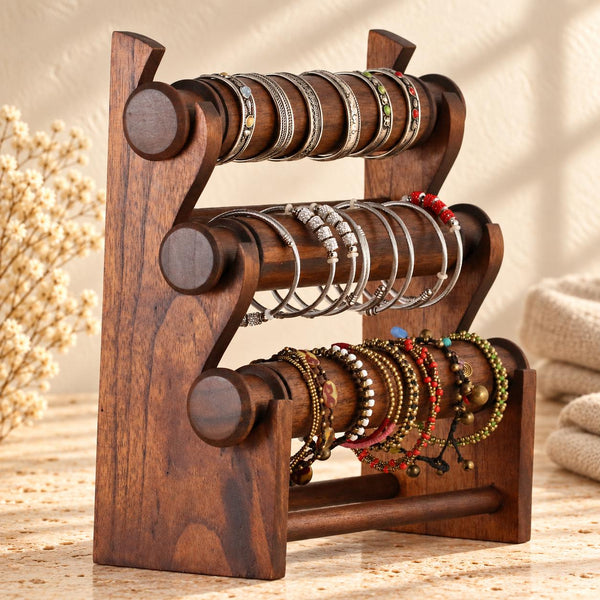 Dark Brown Wooden Bracelet Stand, Three-Tier Bangle Display with Side Panels, 30 cm (11.8 in)