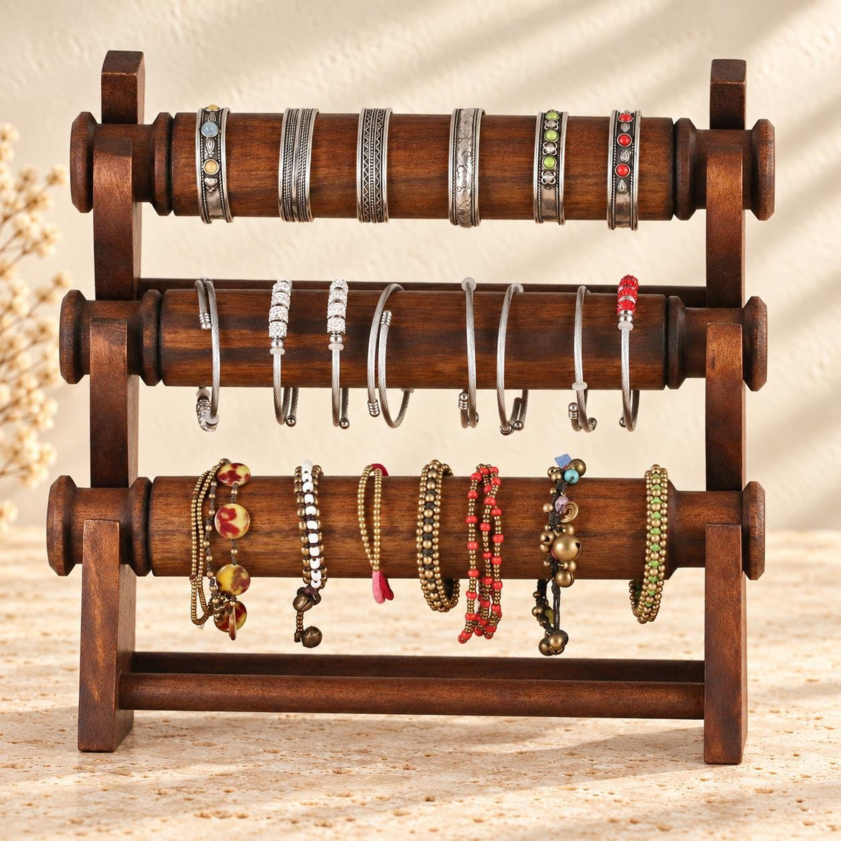 Dark Brown Wooden Bracelet Stand, Three-Tier Bangle Display with Side Panels, 30 cm (11.8 in)