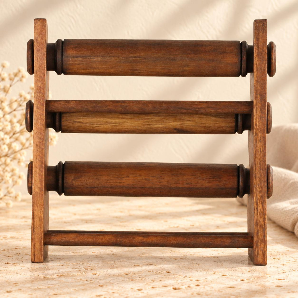 Dark Brown Wooden Bracelet Stand, Three-Tier Bangle Display with Side Panels, 30 cm (11.8 in)