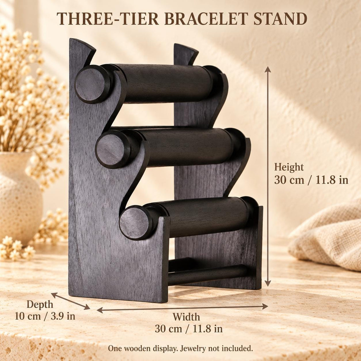 Black Wooden Bracelet Stand, Three-Tier Bangle Display with Side Panels, 30 cm (11.8 in)