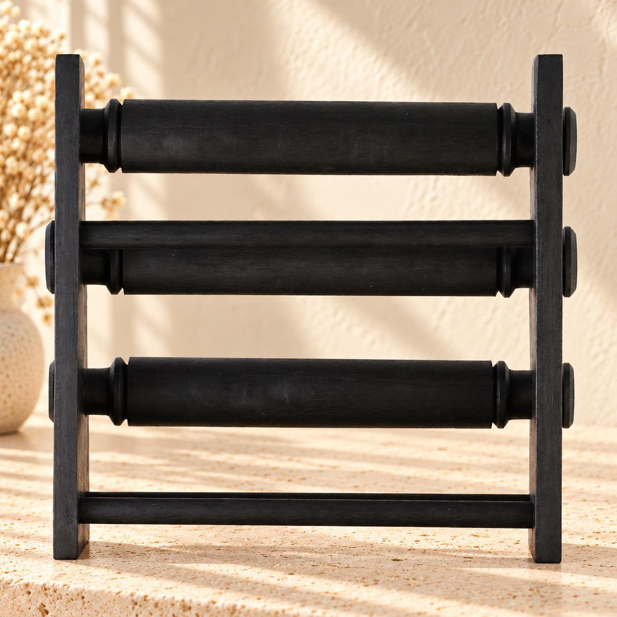 Black Wooden Bracelet Stand, Three-Tier Bangle Display with Side Panels, 30 cm (11.8 in)
