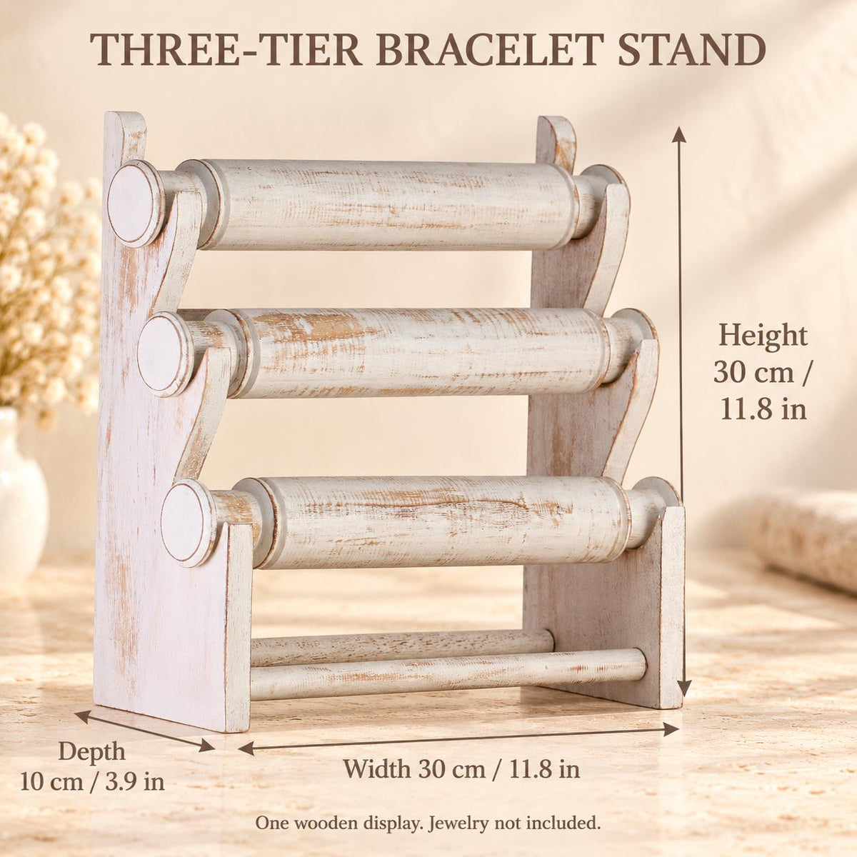 Whitewash Wooden Bracelet Stand, Three-Tier Bangle Display with Side Panels, 30 cm (11.8 in)