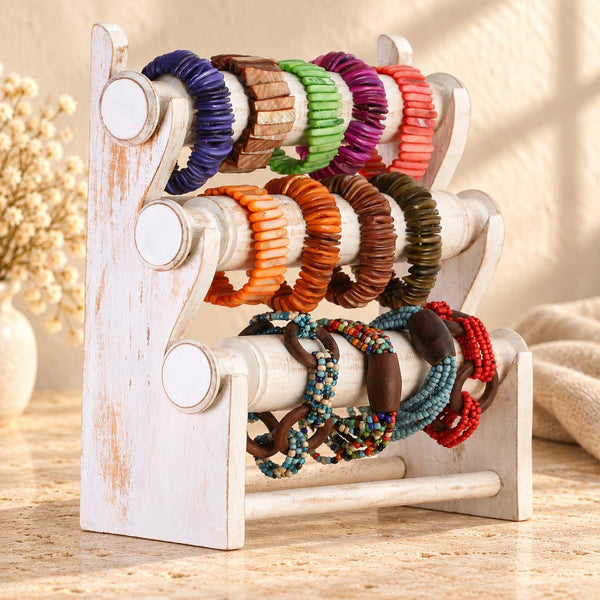 Whitewash Wooden Bracelet Stand, Three-Tier Bangle Display with Side Panels, 30 cm (11.8 in)