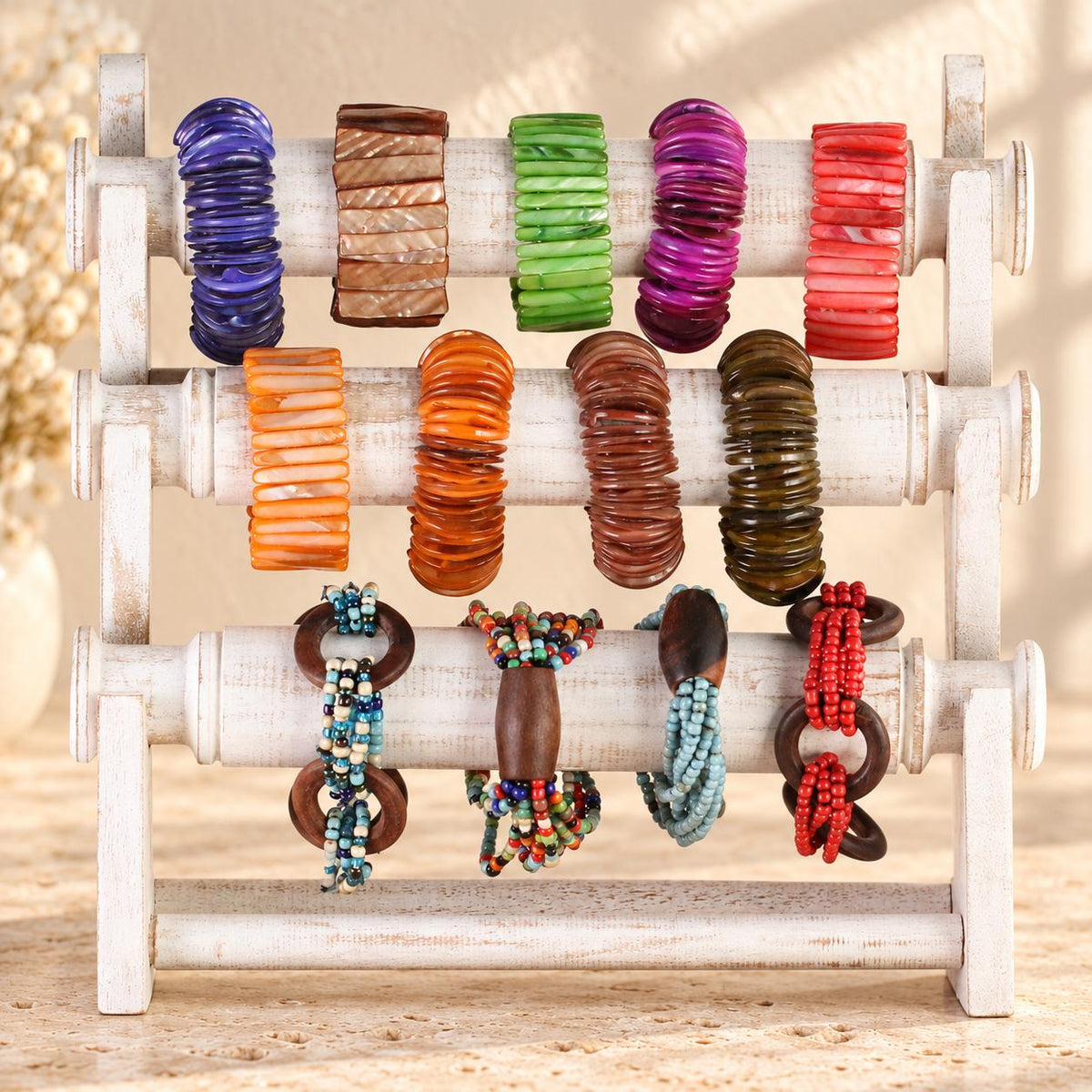 Whitewash Wooden Bracelet Stand, Three-Tier Bangle Display with Side Panels, 30 cm (11.8 in)