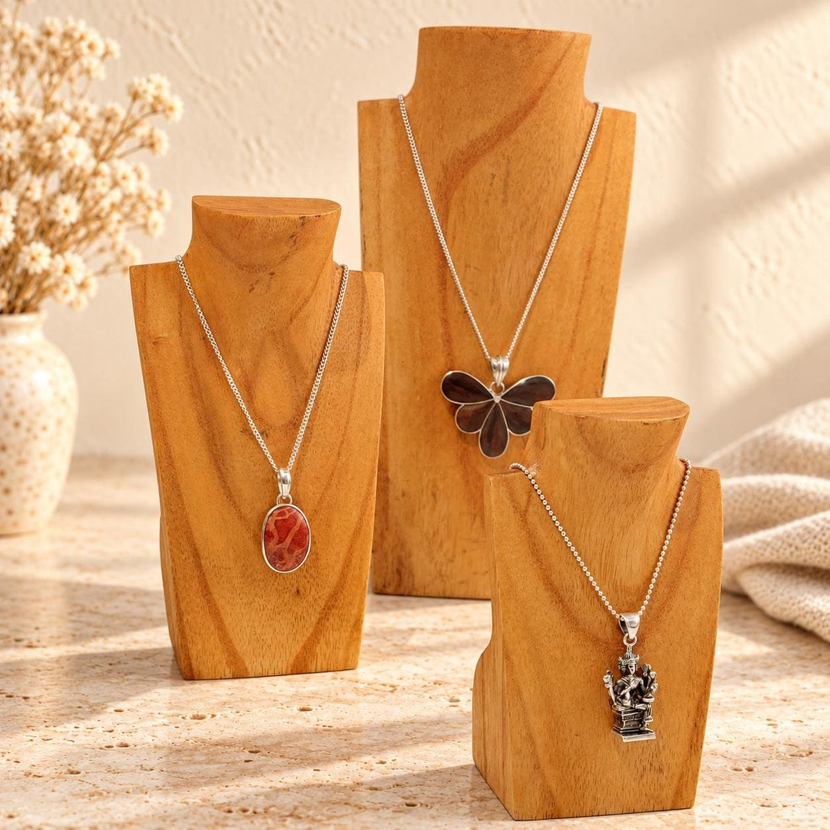Mini Wooden Necklace Busts, Set of 3, Natural Wood, 7.9 / 5.9 / 3.9 in