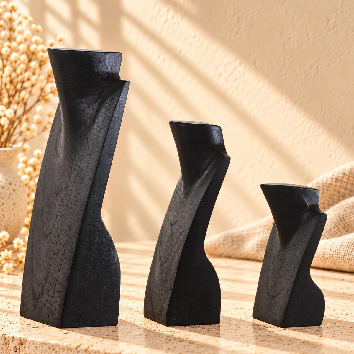 Mini Wooden Necklace Busts, Set of 3, Black, 7.9 / 5.9 / 3.9 in