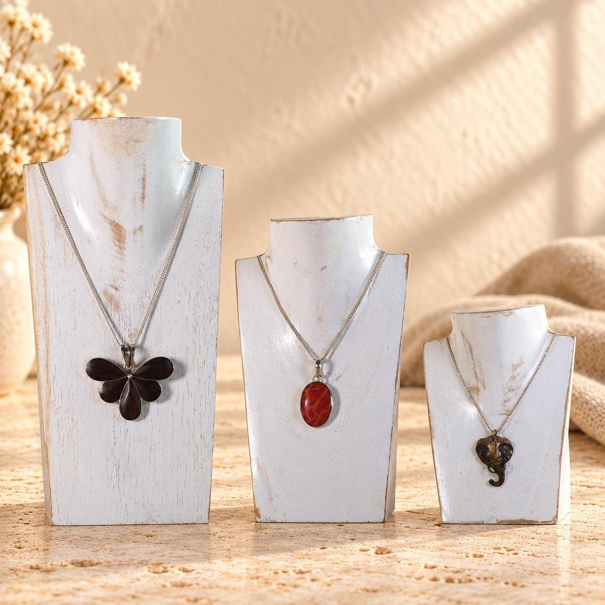 Mini Wooden Necklace Busts, Set of 3, Whitewash, 7.9 / 5.9 / 3.9 in