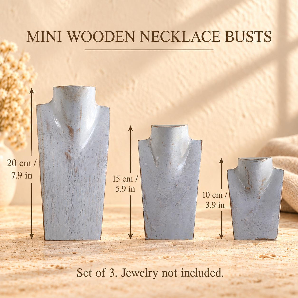 Mini Wooden Necklace Busts, Set of 3, Whitewash, 7.9 / 5.9 / 3.9 in