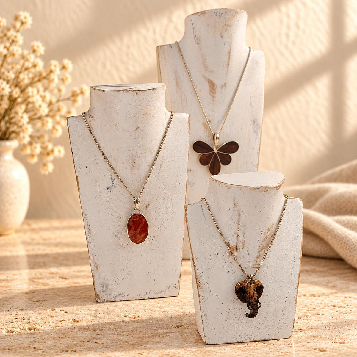 Mini Wooden Necklace Busts, Set of 3, Whitewash, 7.9 / 5.9 / 3.9 in