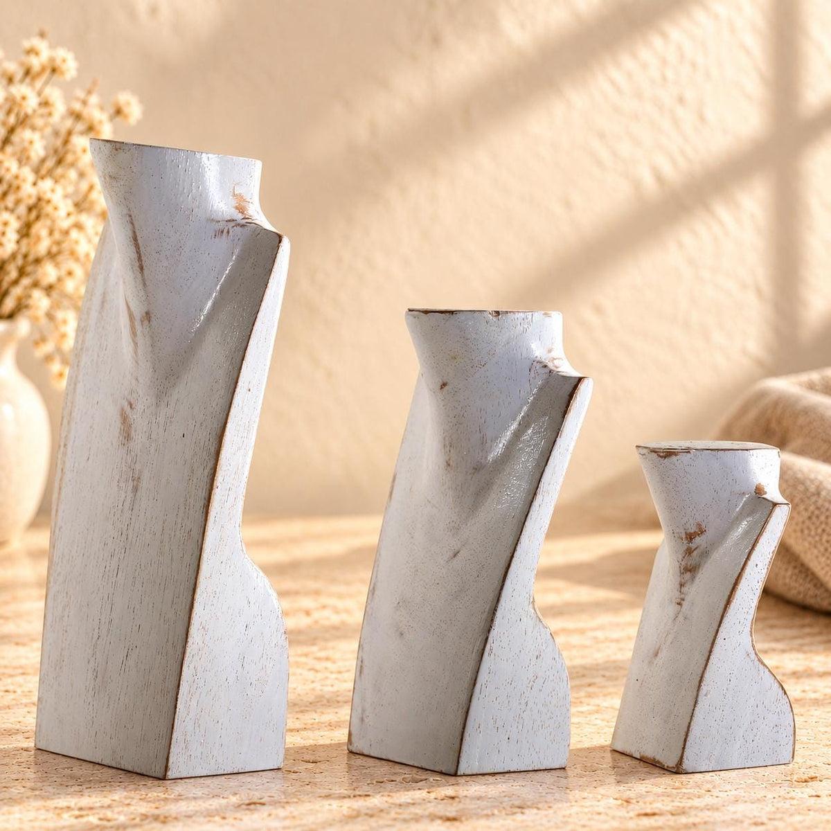 Mini Wooden Necklace Busts, Set of 3, Whitewash, 7.9 / 5.9 / 3.9 in