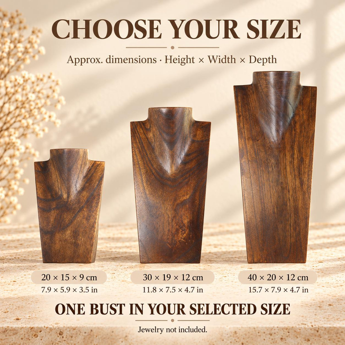 Wooden Necklace Display Bust, Dark Brown – Choose 20, 30 or 40 cm / 8, 12 or 16 in