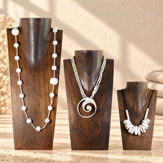 Set of 3 Wooden Necklace Display Busts, Dark Brown – 8/12/16 in (20/30/40 cm)