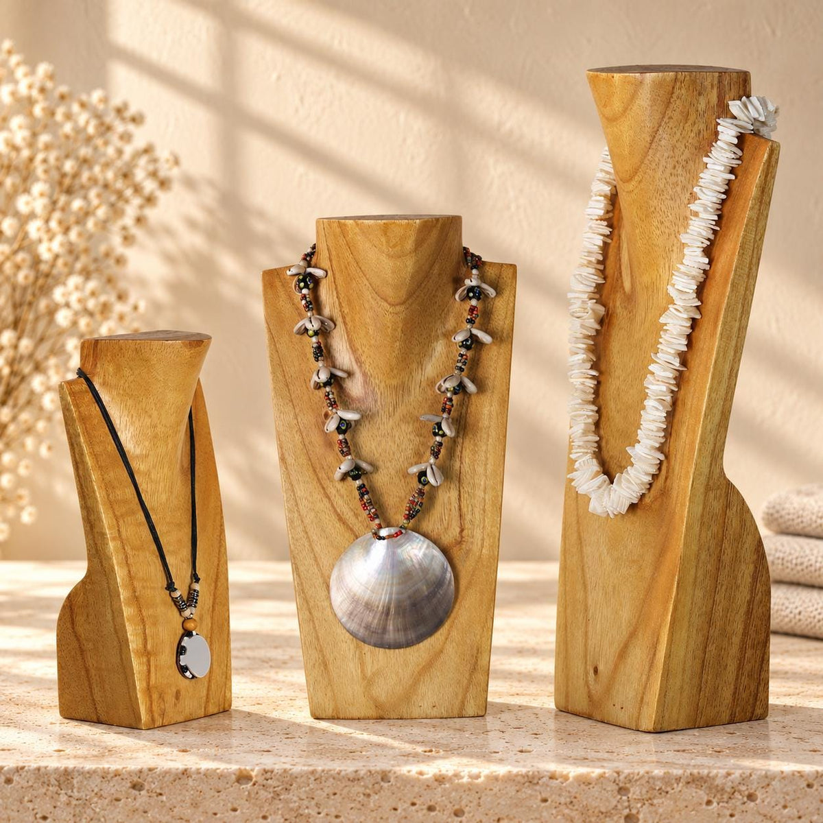 Set of 3 Wooden Necklace Display Busts, Natural Wood – 8/12/16 in (20/30/40 cm)