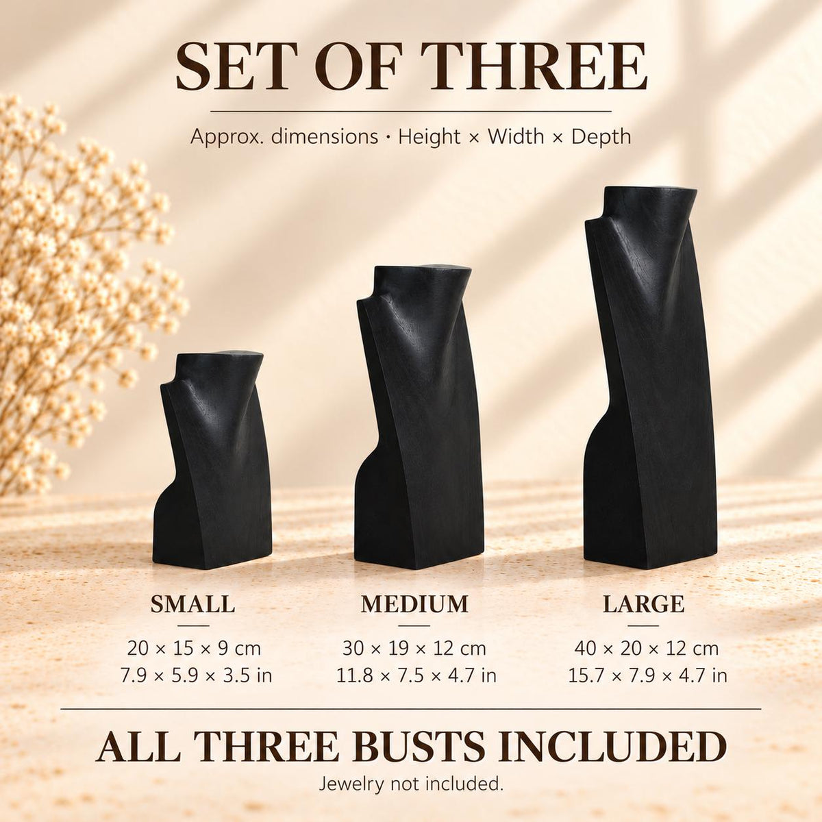 Set of 3 Wooden Necklace Display Busts, Black – 8/12/16 in (20/30/40 cm)