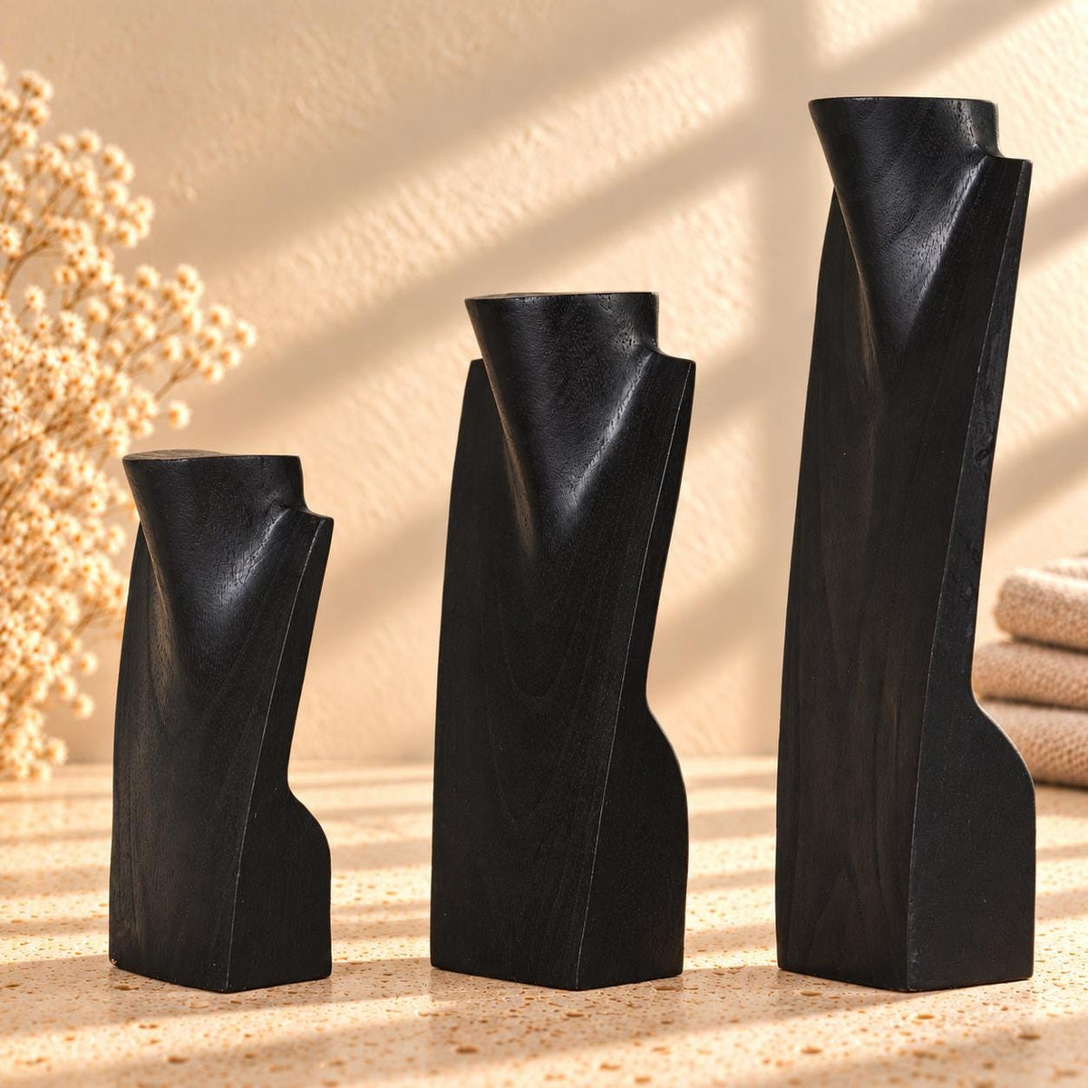 Set of 3 Wooden Necklace Display Busts, Black – 8/12/16 in (20/30/40 cm)
