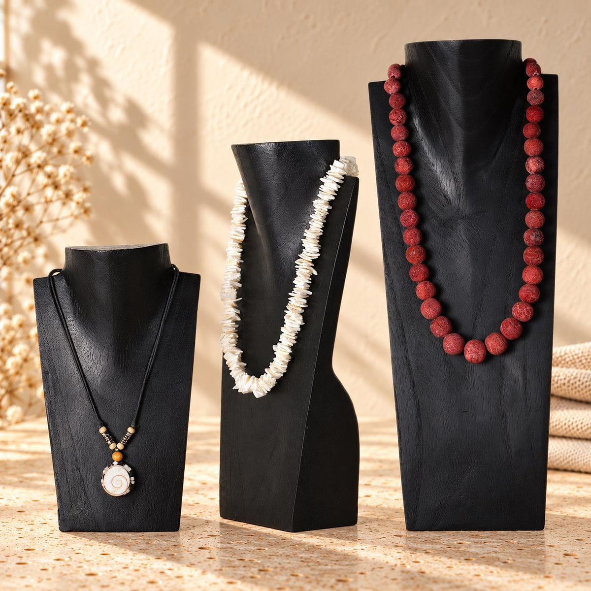 Set of 3 Wooden Necklace Display Busts, Black – 8/12/16 in (20/30/40 cm)
