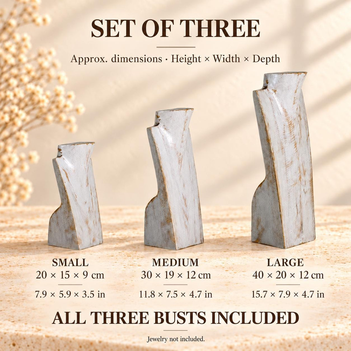 Set of 3 Wooden Necklace Display Busts, Whitewash – 8/12/16 in (20/30/40 cm)