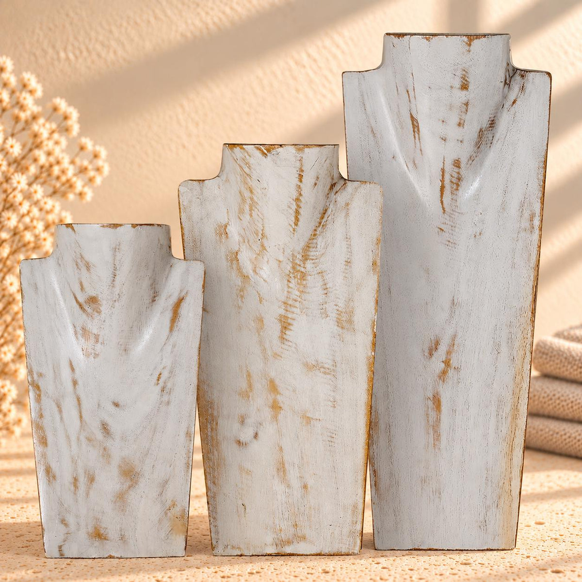 Set of 3 Wooden Necklace Display Busts, Whitewash – 8/12/16 in (20/30/40 cm)