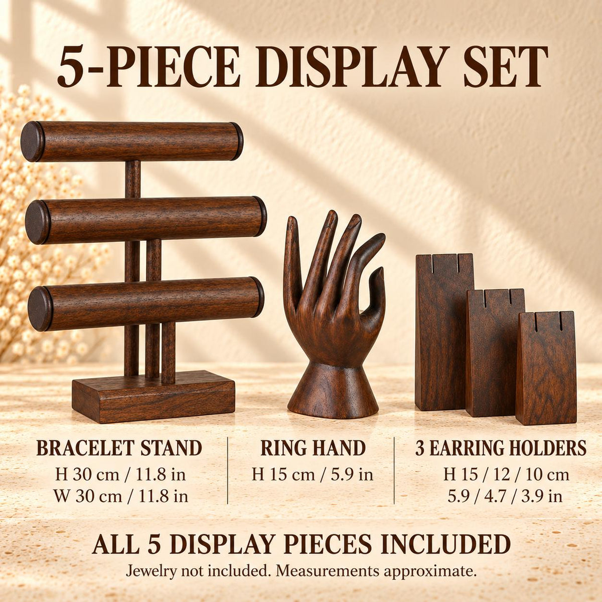 5-Piece Wooden Jewelry Display Set, Dark Brown – Bracelet Stand, Ring Hand & 3 Earring Holders