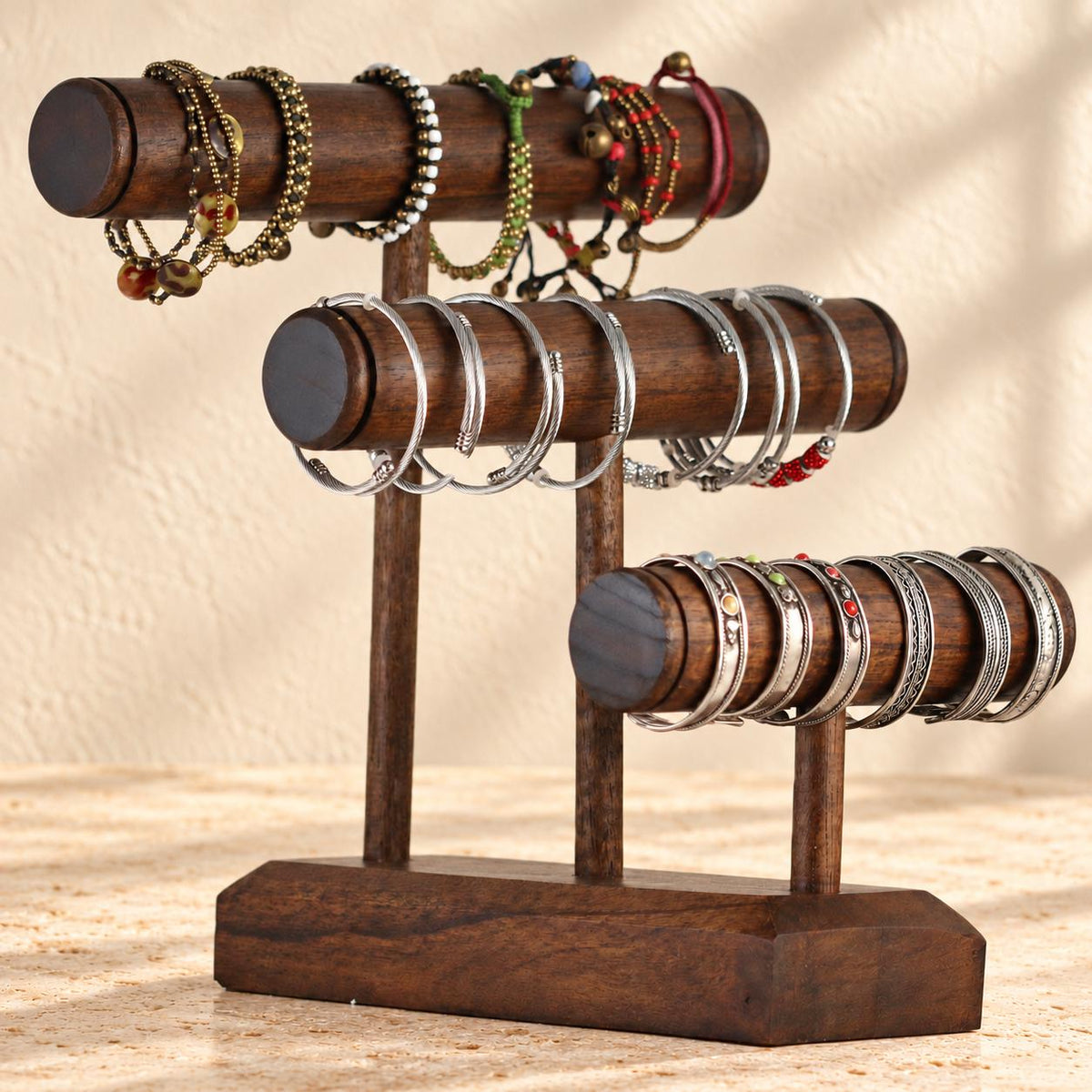 5-Piece Wooden Jewelry Display Set, Dark Brown – Bracelet Stand, Ring Hand & 3 Earring Holders