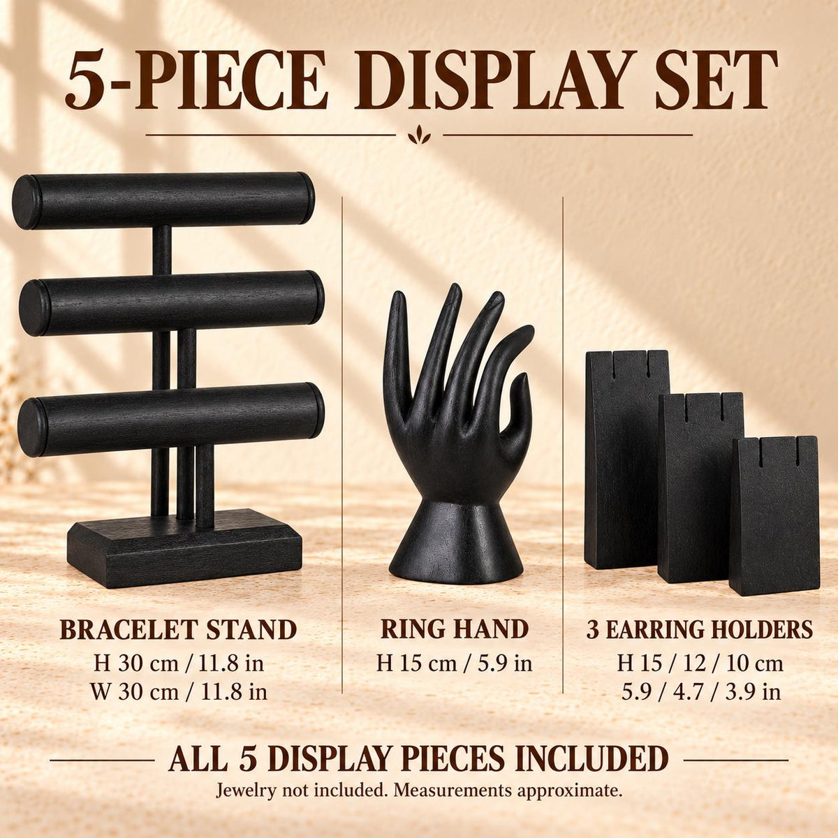 5-Piece Wooden Jewelry Display Set, Black – Bracelet Stand, Ring Hand & 3 Earring Holders