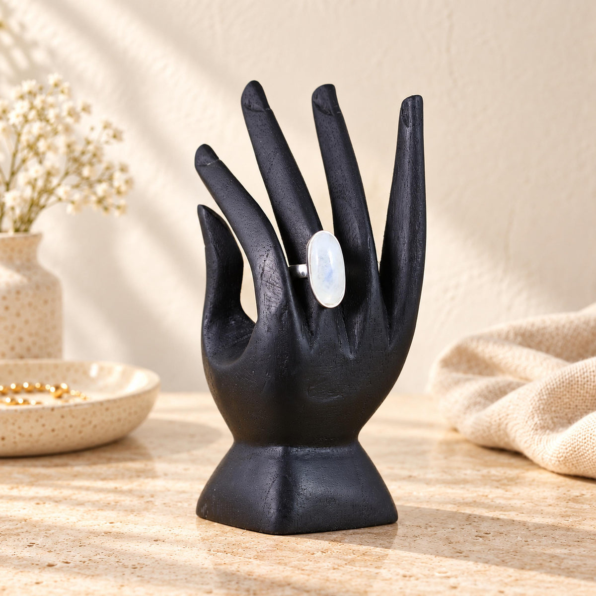 5-Piece Wooden Jewelry Display Set, Black – Bracelet Stand, Ring Hand & 3 Earring Holders