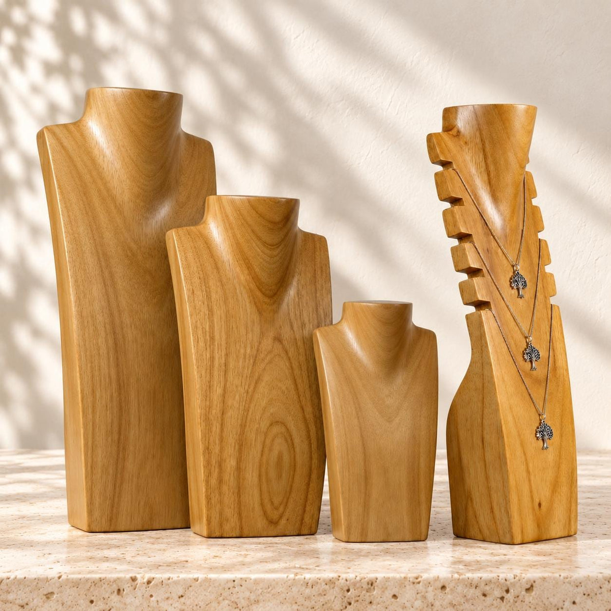 4-Piece Wooden Necklace Display Set, Natural Wood – 20/30/40 cm Busts + 40 cm Multi Necklace Holder