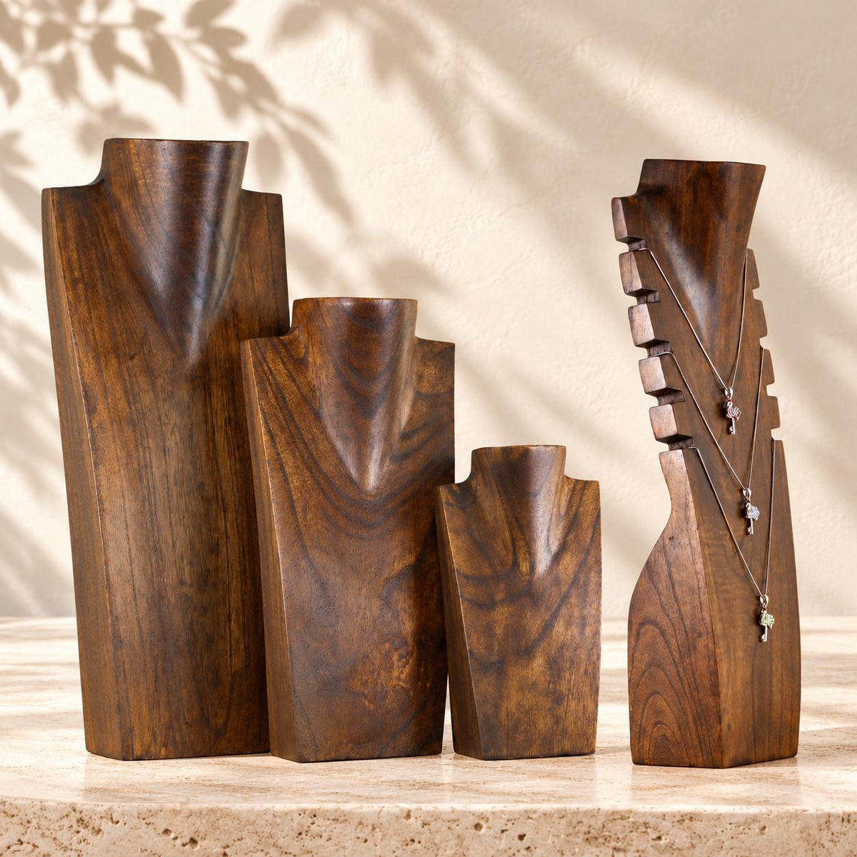4-Piece Wooden Necklace Display Set, Dark Brown – 20/30/40 cm Busts + 40 cm Multi Necklace Holder