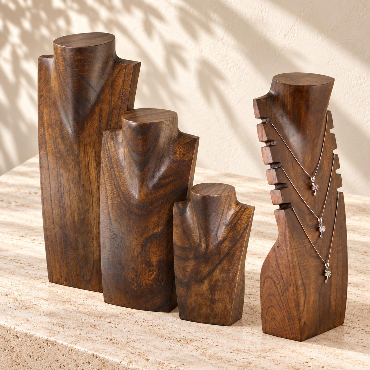 4-Piece Wooden Necklace Display Set, Dark Brown – 20/30/40 cm Busts + 40 cm Multi Necklace Holder
