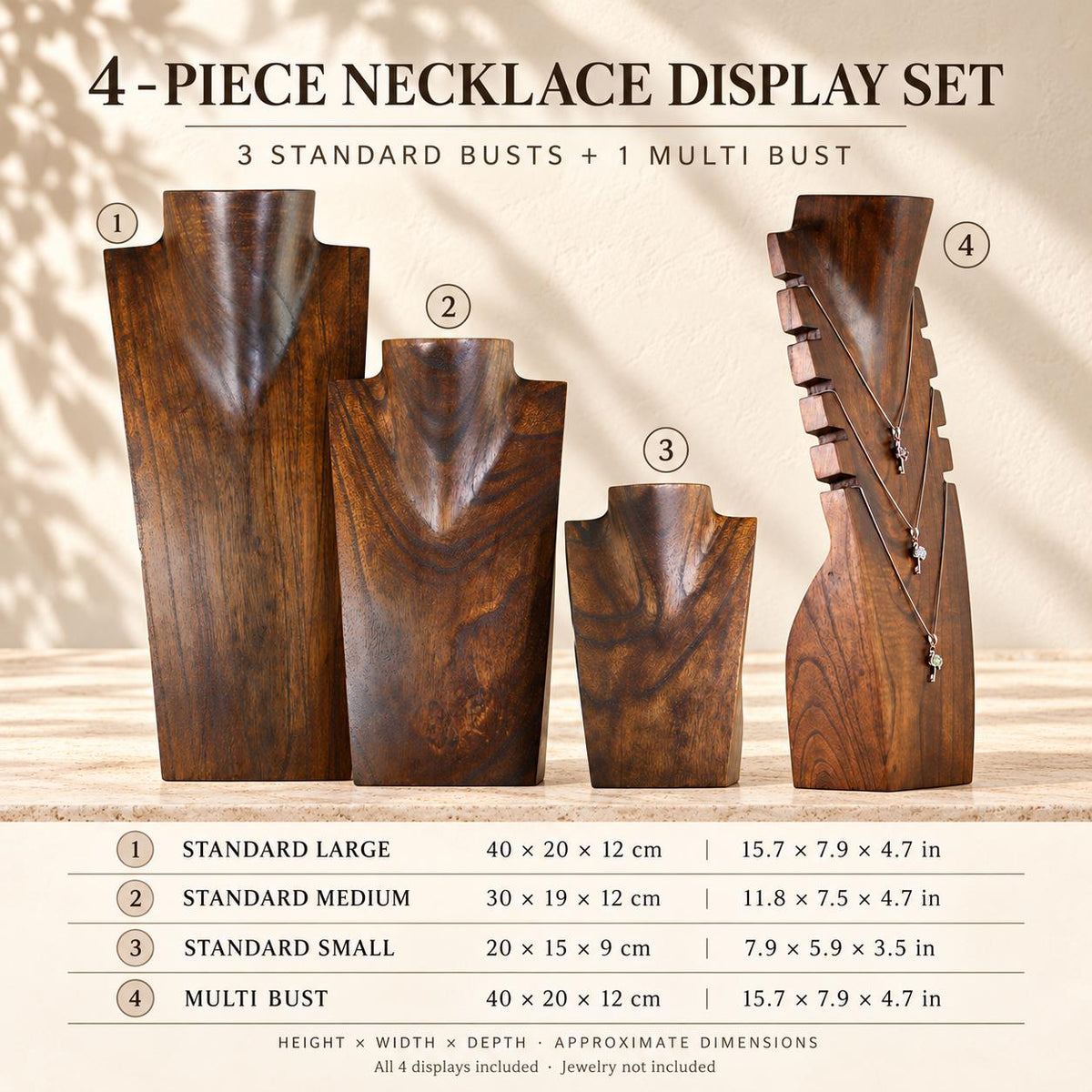 4-Piece Wooden Necklace Display Set, Dark Brown – 20/30/40 cm Busts + 40 cm Multi Necklace Holder
