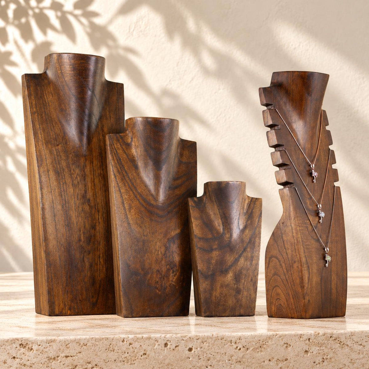4-Piece Wooden Necklace Display Set, Dark Brown – 20/30/40 cm Busts + 40 cm Multi Necklace Holder